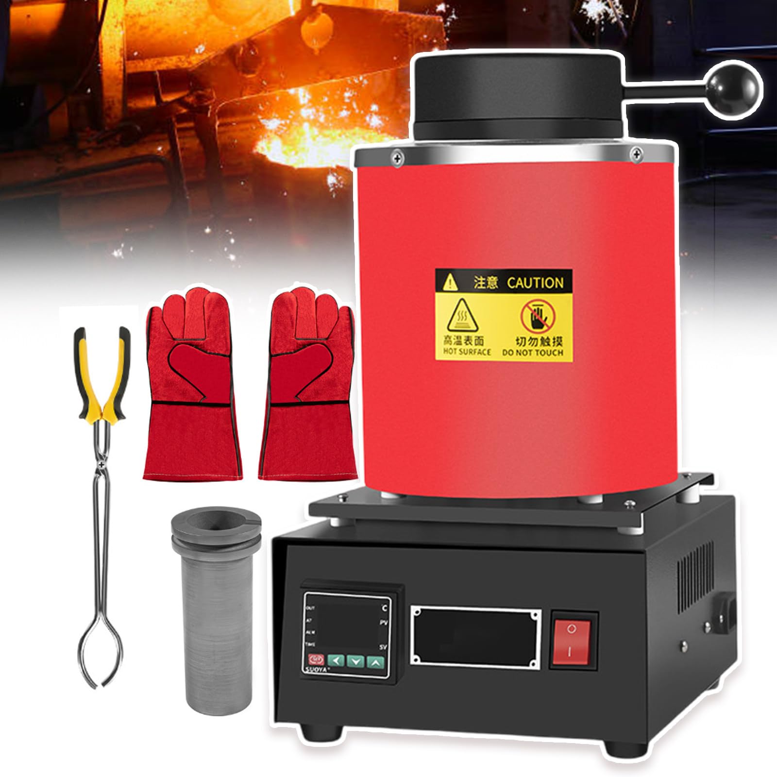 Elektryczny Piec Do Topienia Złota 1500 W, Wyświetlacz Cyfrowy Led, Cyfrowa Maszyna Do Topienia Metali 1150 ℃, Z Tyglem Grafitowym, Rękawice Termoizolacyjne, Szczypce Do Tygli Red-1kg