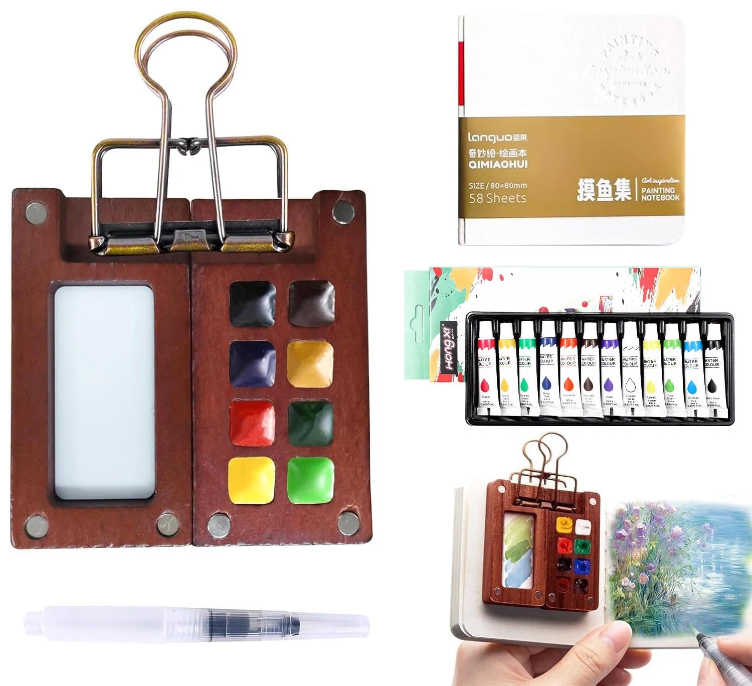 Vluvla ‎Walnut Pocket Artist Mini Watercolour Paint Set With 8 Grids Wood Palette Box For Travel, Painters And Students (Walnut)