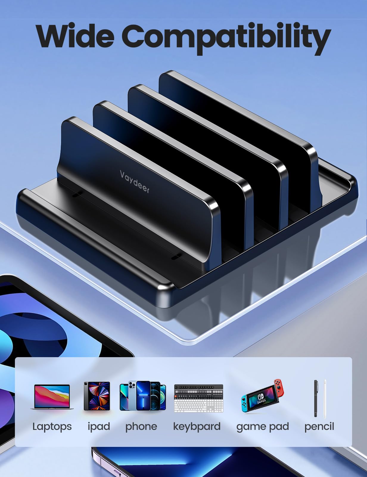 VAYDEER Support Vertical pour Ordinateur Portable, Réglable et Polyvalent avec 3 Rainures. Compatible avec Macbook/Pro, Mac, iPad et PC Portables. Design Noir Élégant