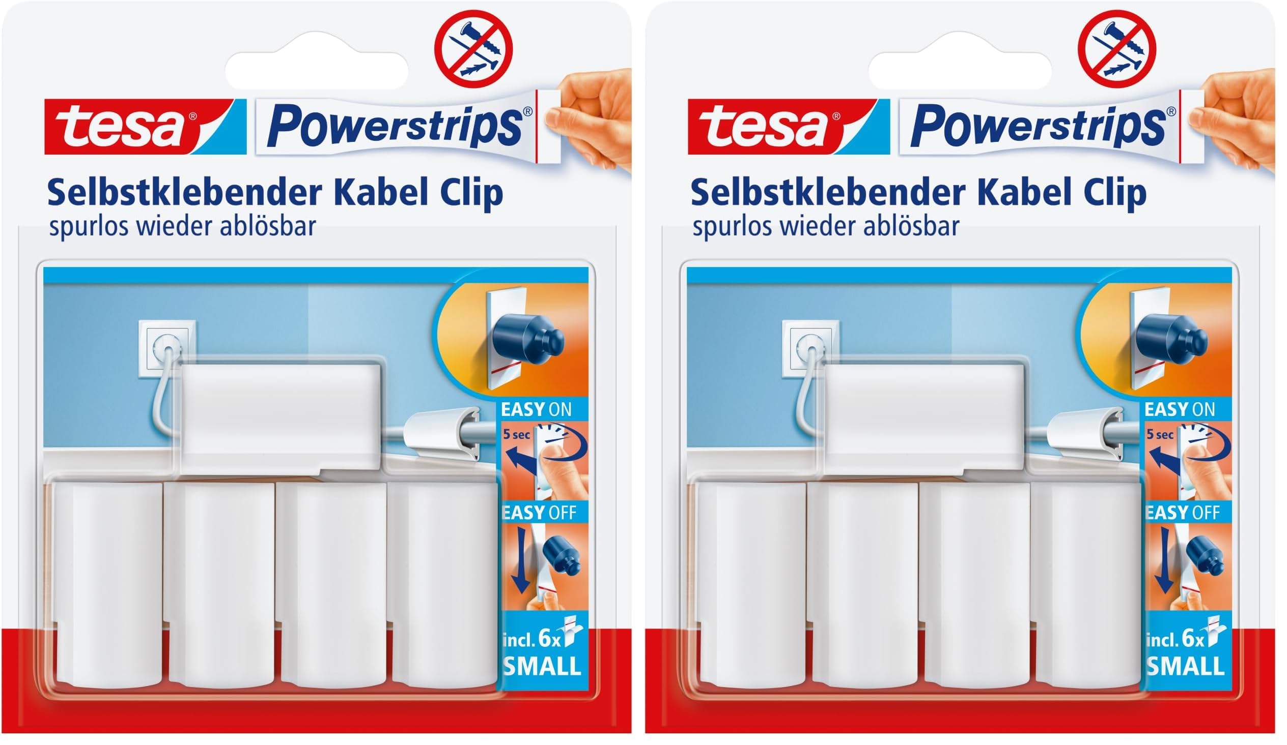 tesa Powerstrips Kabelclip/Kabel Clip selbstklebend/Zur Fixierung von Kabeln/In Weiß / 1 x 5 Stk. (Packung mit 2)