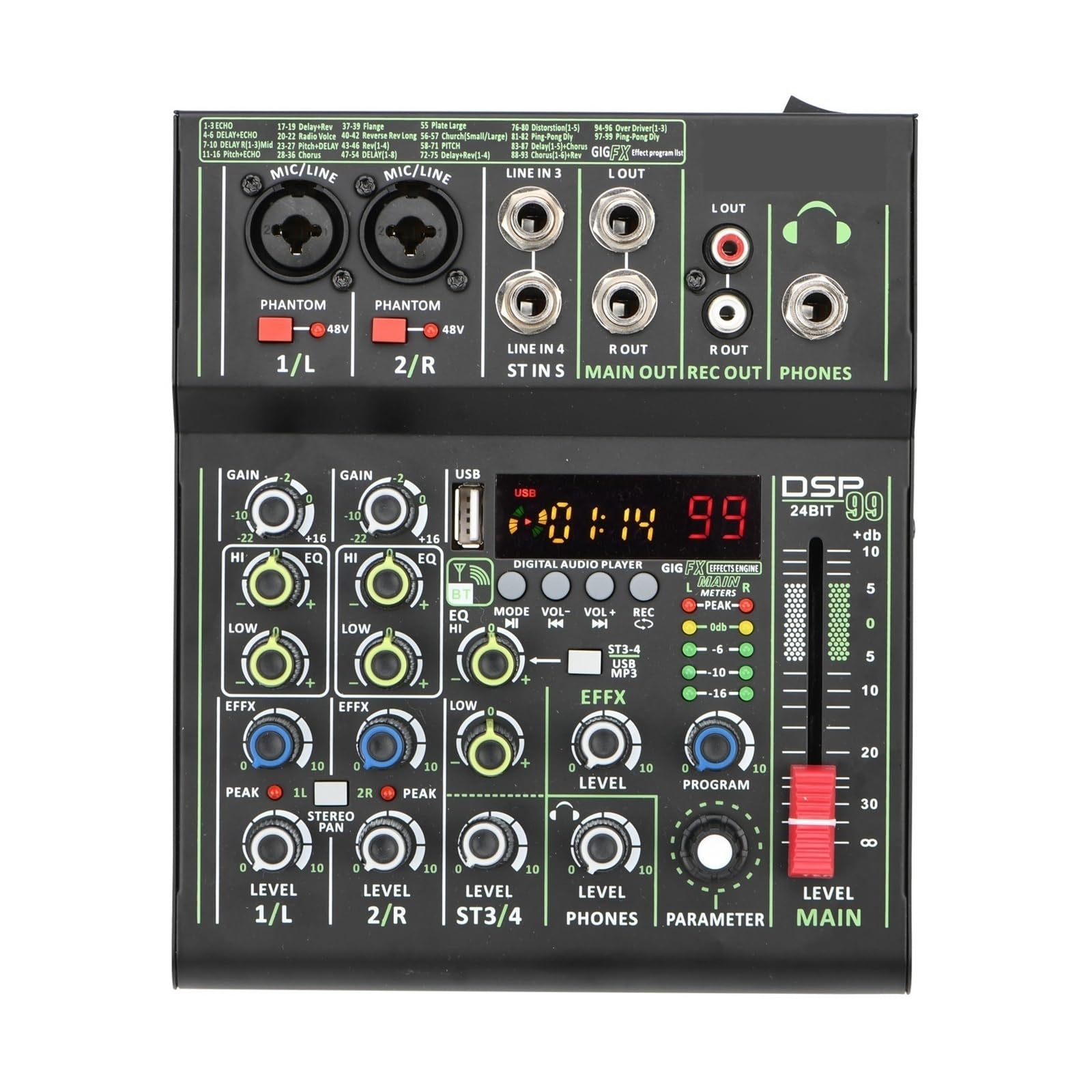 Mikser audio, Mikser 4-kanałowy Indywidualny +48V Phantom Power 99 Efektów DSP USB Komputer Odtwarzanie Nagrywanie Konsola miksująca do karaoke w studiu