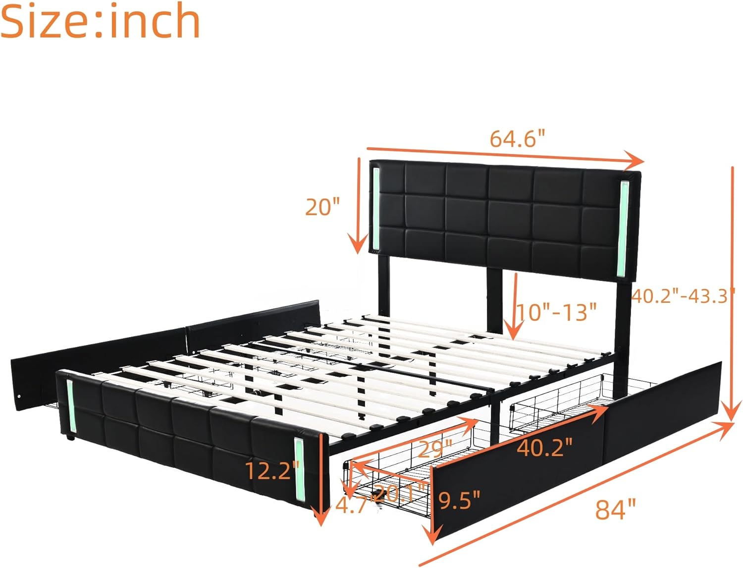 Queen Size Upholstered Platform Bed with 4 Storage Drawers, LED Lights and USB Charging, Faux PU Leather Queen Bed Frame with Headboard and Slat Support, No Box Spring Needed (Queen, Black)
