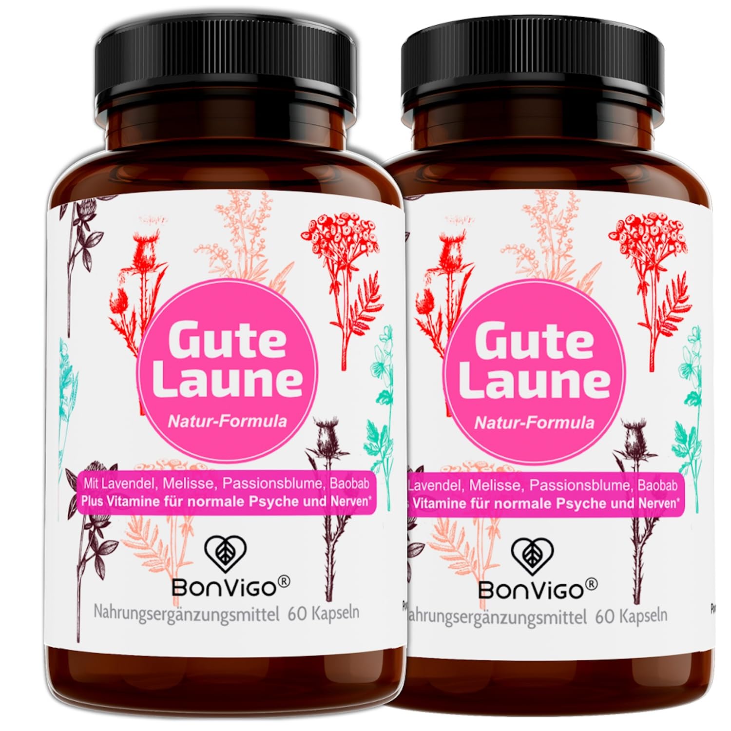 GUTE LAUNE - Normale Funktion Nervensystem & Psyche unterstützen (Vit. B7 B12), die Gehirn-Botenstoffe (Vit. B5) - Natur-Komplex Lavendel Passionsblume Melisse, Tryptophan, 120 Kapseln