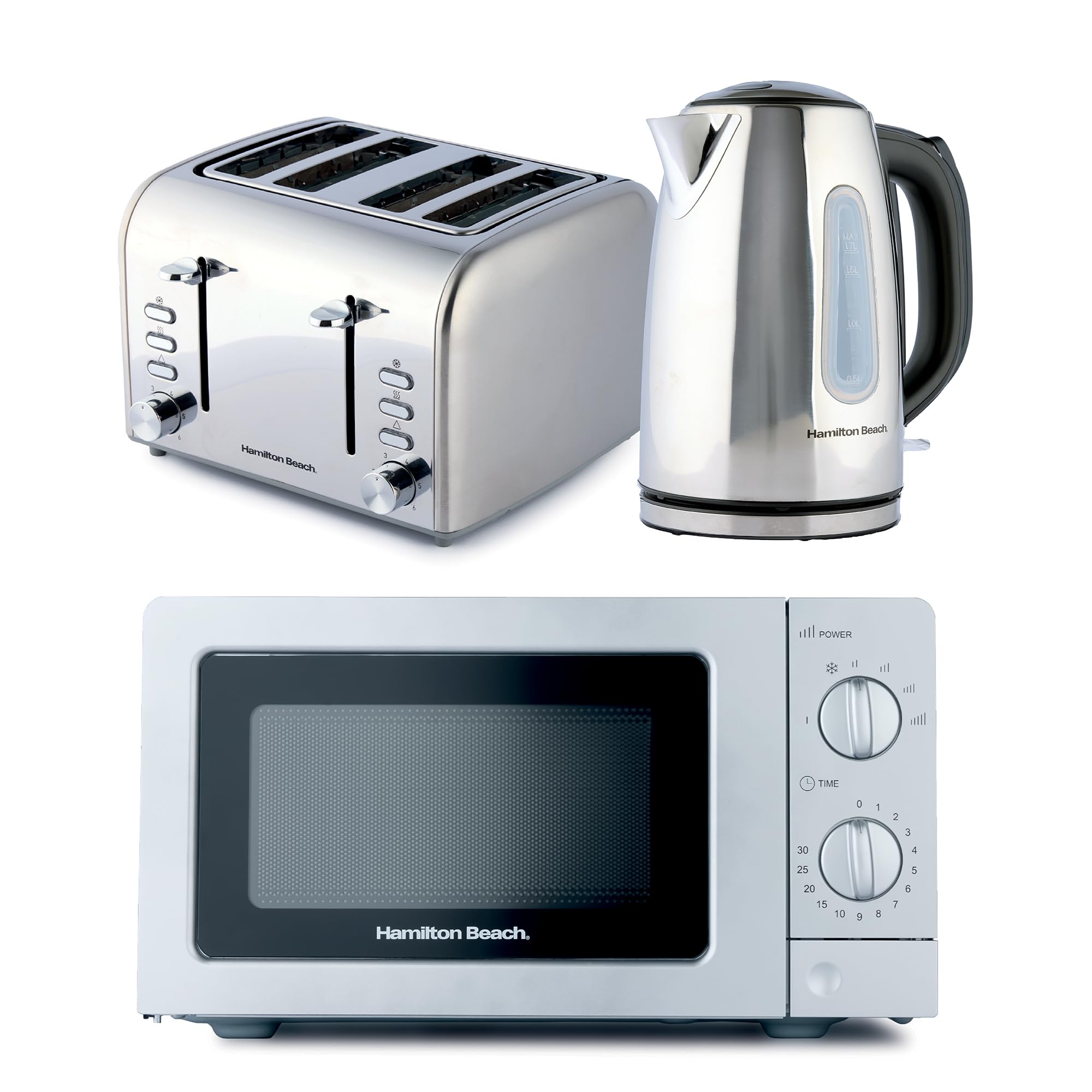 Hamilton Beach Kettle Toaster Microwave Set, Electric Kettle, Toaster 4 Slice, Microwave, Kettle & Toaster Set, Rise, 1.7L Kettle, Wide Slot Toaster, 700W Microwave, Polished, Stainless Steel - HBKTMP