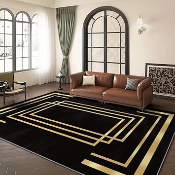 Black Gold Art Deco Area Rug 180x230cm, Modern Geometric Line Living Room Rugs, Washable Non Slip Low Pile Stain Resistant Rug for Bedroom Dining Room Home Decor