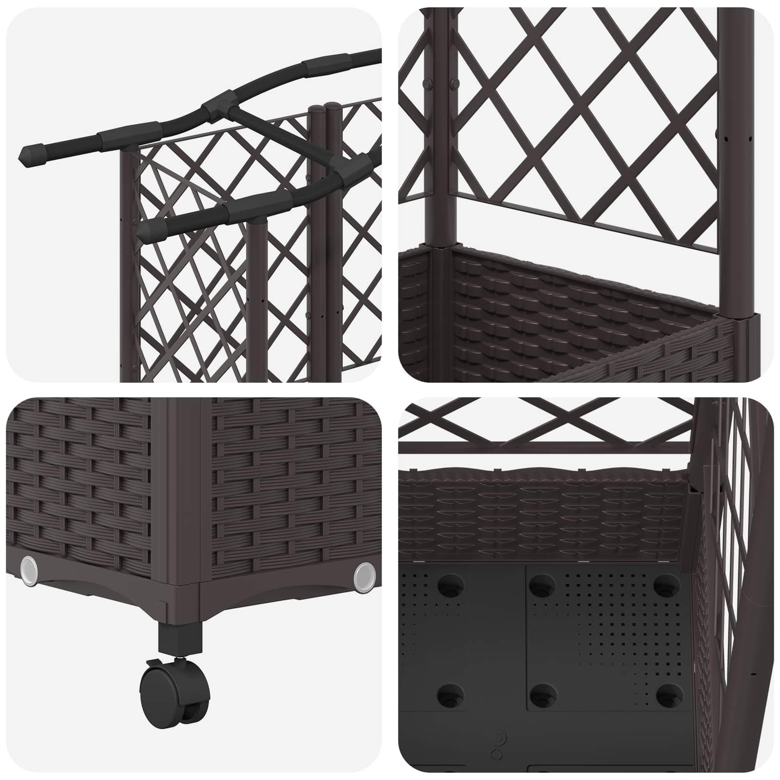 Jardinera con enrejado y techo marrón de polipropileno 163 x 40 x 129 cm para terraza, jardín y balcón, maceta con riego y almacenamiento de agua para hierbas y verduras