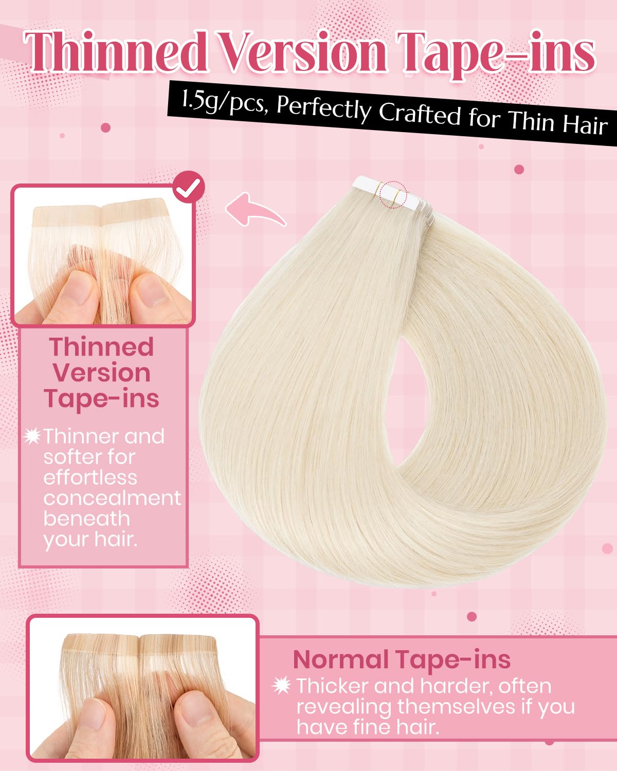 SLEEKALON Invisible Tape in Hair Extensions Real Human Hair 20 Pcs Thinned Version #70 Bleach White - Image 3