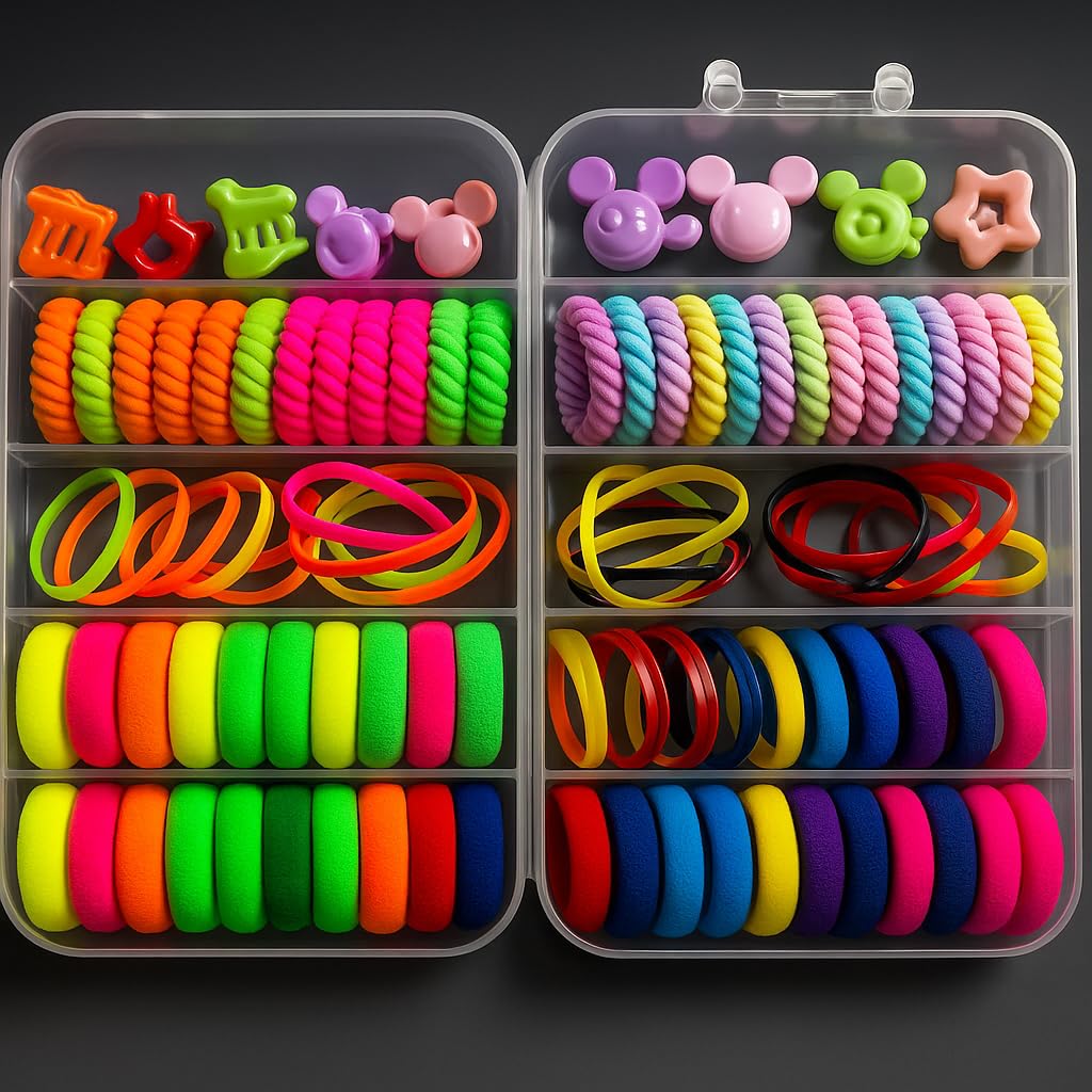 Cute Hair Accessories Organizer Box with 100+ Elastic Bands, Hair Clips, Neon and Pastel Tones-image-29