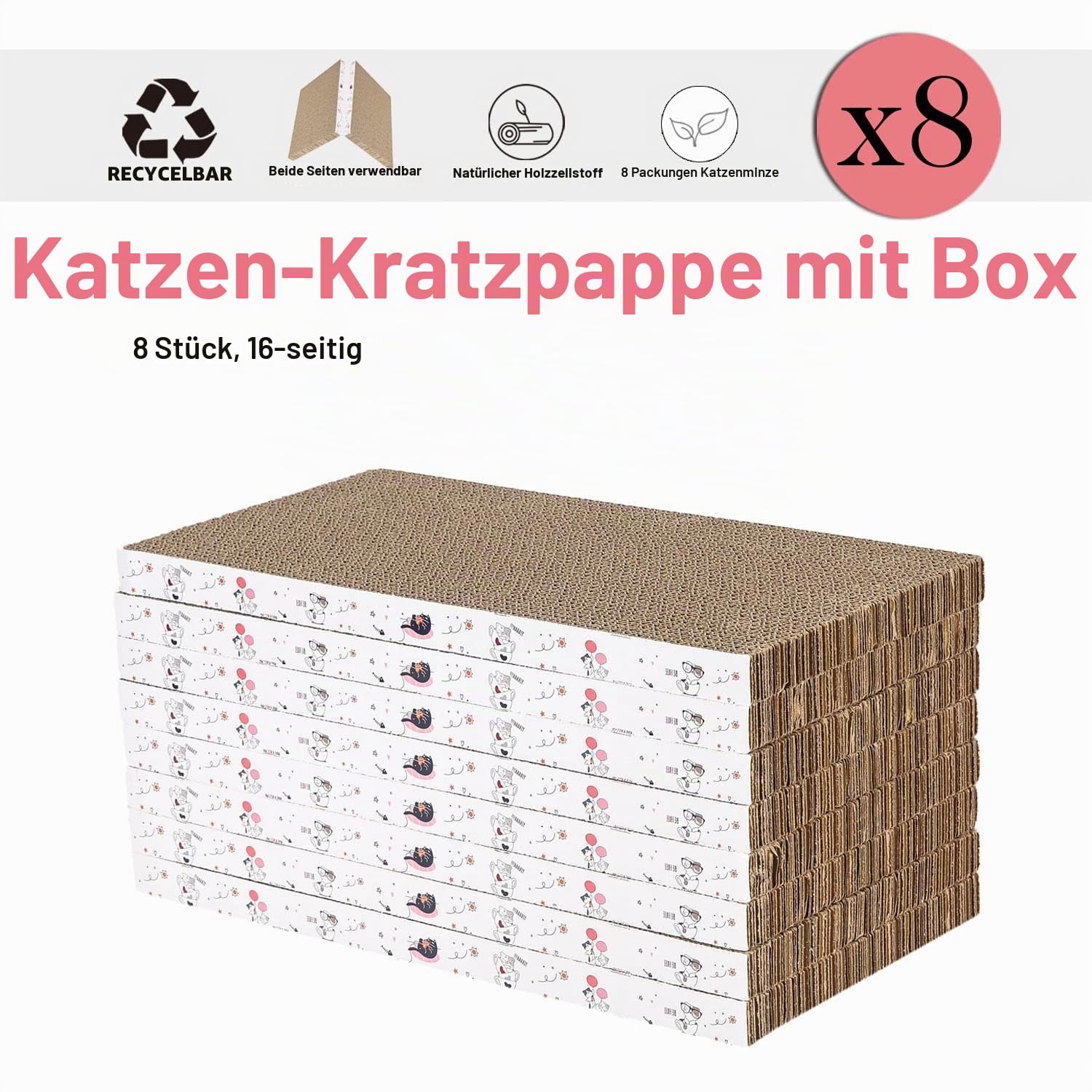 8 Packungen in 1 Katzenkratzkissen, Katzenkratzer aus Karton, wendbar, langlebig, recycelbar, Premium-Kratzer, geeignet für Katzen zum Ausruhen, Krallen Schleifen und Spielen