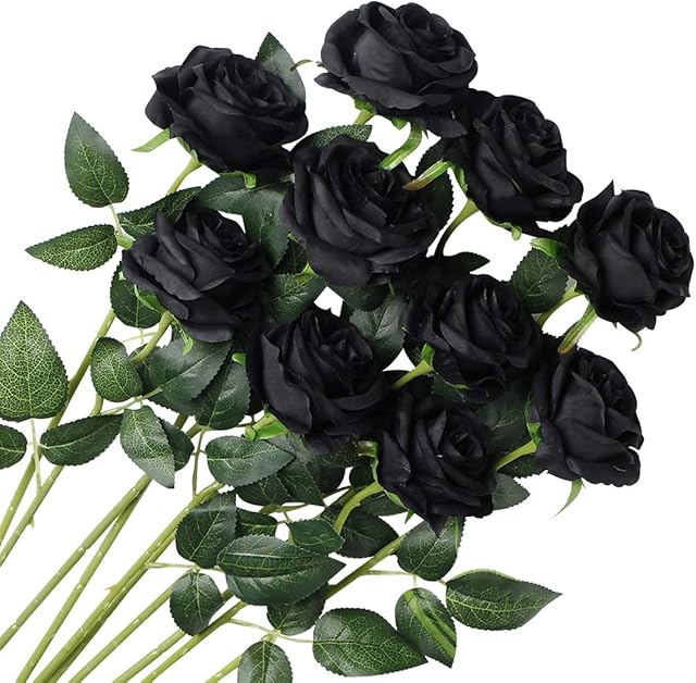 Veryhome 10 Pcs Artificial Roses Silk Flowers Fake Single Stem Blooming Rose Bridal Bouqets For Wedding Home Birthday Party Arrangment Garden Decoration (Black)
