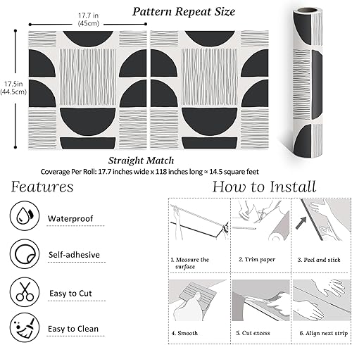 Miniatura 8 de VEELIKE Papel tapiz moderno de mediados de siglo en blanco y negro, papel tapiz geométrico abstracto para dormitorio, baño, 17.7 x 118 pulgadas,