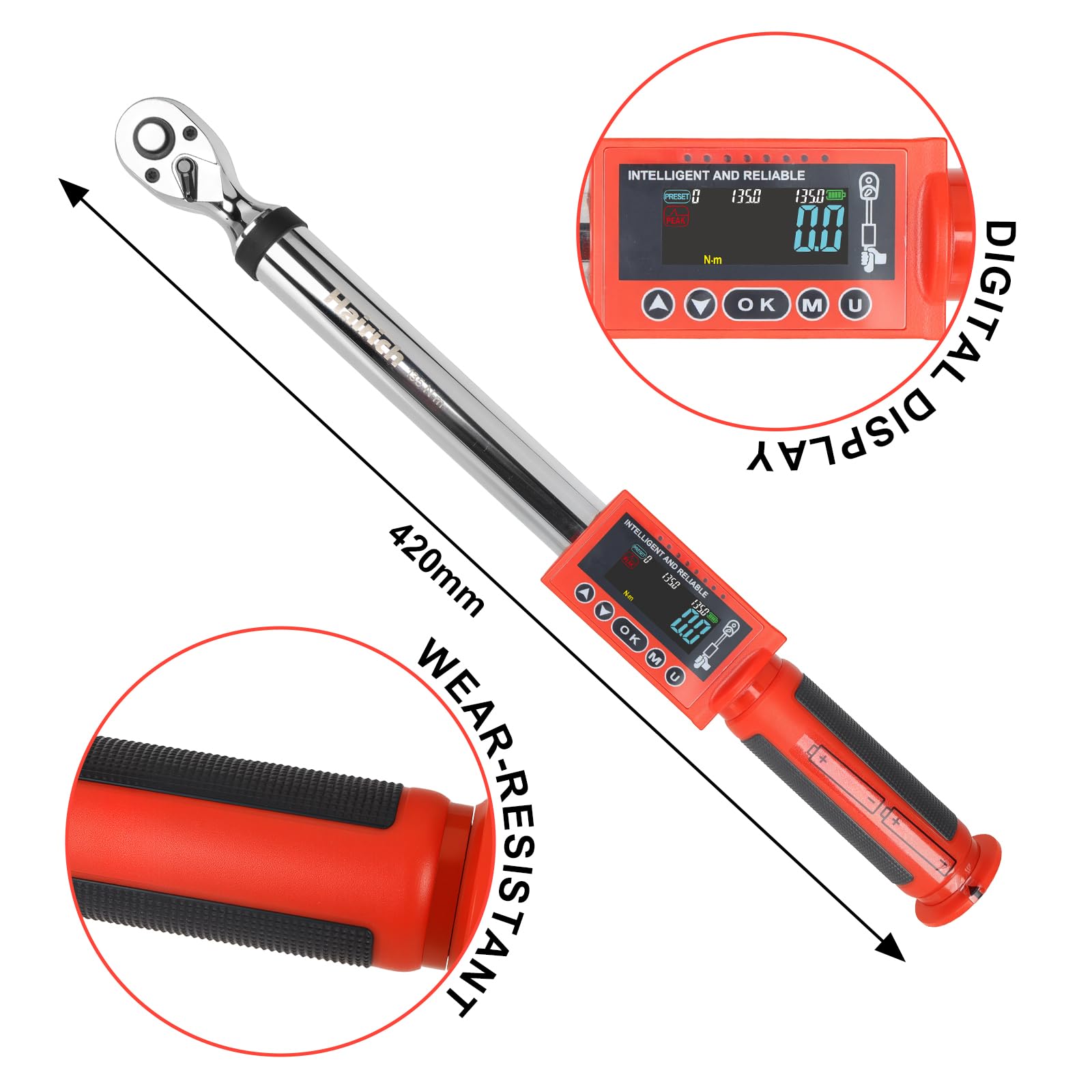 Hairich 3/8 Zoll Digitaler Drehmomentschlüssel, 6–135 Nm, ±2% Genauigkeit, mit Farbdisplay, Signalton & LED-Warnung – Präzises Drehmomentwerkzeug für Motorrad, Fahrrad, E-Bike und Werkstatt