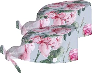 Adjustable Working Cap Set 2 with Buttons and Sweatband Vintage Floral Watercolor Roses Bandage Cap Work Hats Set for Women Caps Tie Back Hats for Men,Long Hair