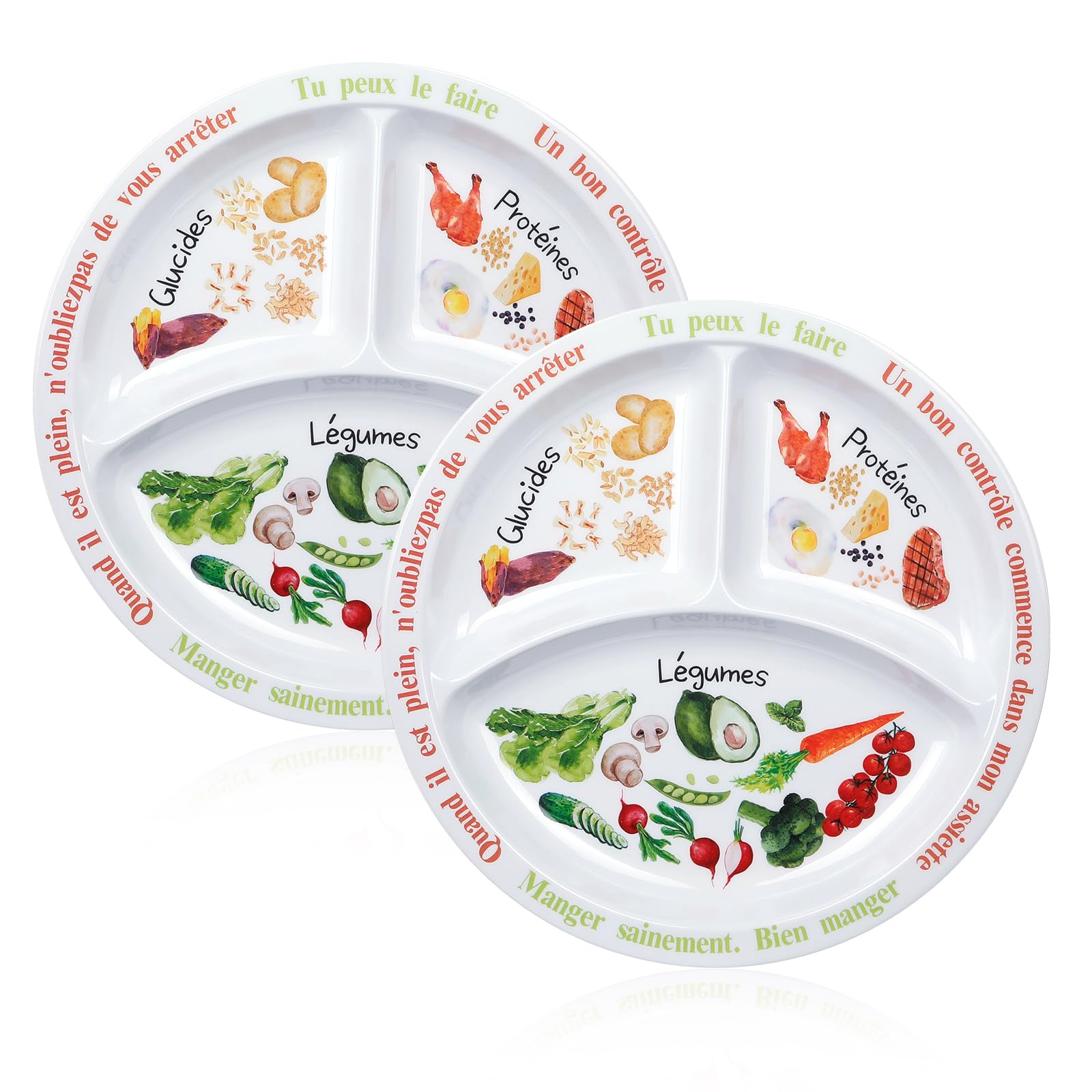 Plato de control de porciones para una dieta equilibrada, plato de alimentación saludable para adultos y adolescentes, divisiones de melamina, pérdida de peso, diabetes (texto en francés) (4)