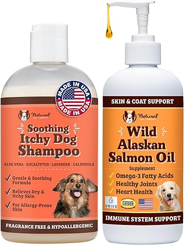 Natural Dog Company Itchy - Champú para perros (12 onzas) con aceite de salmón salvaje de Alaska (16 onzas) | Champú hipoalergénico y suplemento