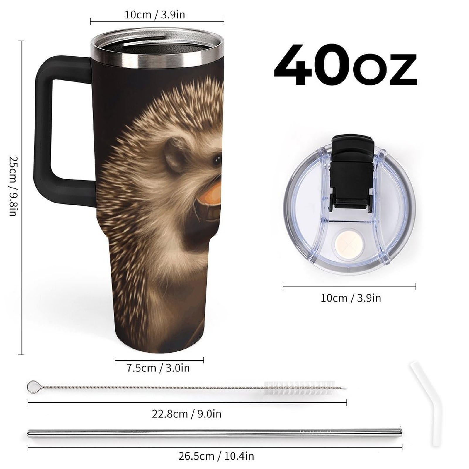 Autobecher aus 304 Edelstahl, Tier-Igel-Musik-Violinen-Becher mit Strohhalm und auslaufsicherem Deckel, großes Fassungsvermögen, vakuumisolierter Reisebecher für Auto-Becherhalter, 1,2 l