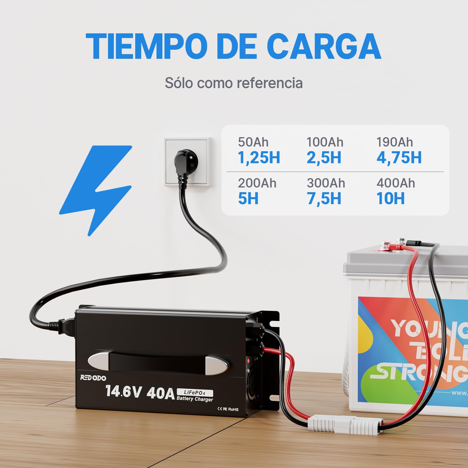 Redodo 14,6V 40A LiFePO4 Cargador de Batería, Cargador de Batería LiFePO4 Dedicado, Diseño Compacto y Duradero con Protección Completa, 12V LiFePO4 Baterías