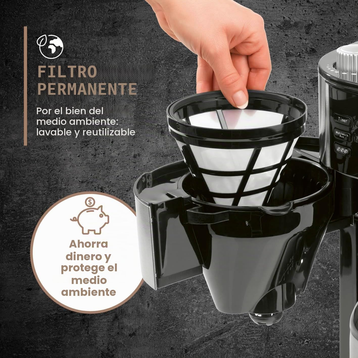 Barista Cafetera de filtro con molinillo ajustable y jarra térmica, función de mantenimiento del calor, temporizador de 24 horas y filtro permanente, para 10 tazas de café