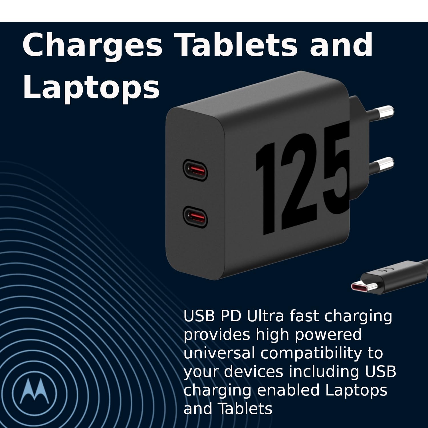 Motorola Chargers - Caricabatterie rapido TurboPower GaN a doppia porta da 125W con cavo USB-C a USB-C da 1 m, 6,5A, marchio E. IMPORTANTE: solo i prodotti Motorola originali riportano il logo "M".