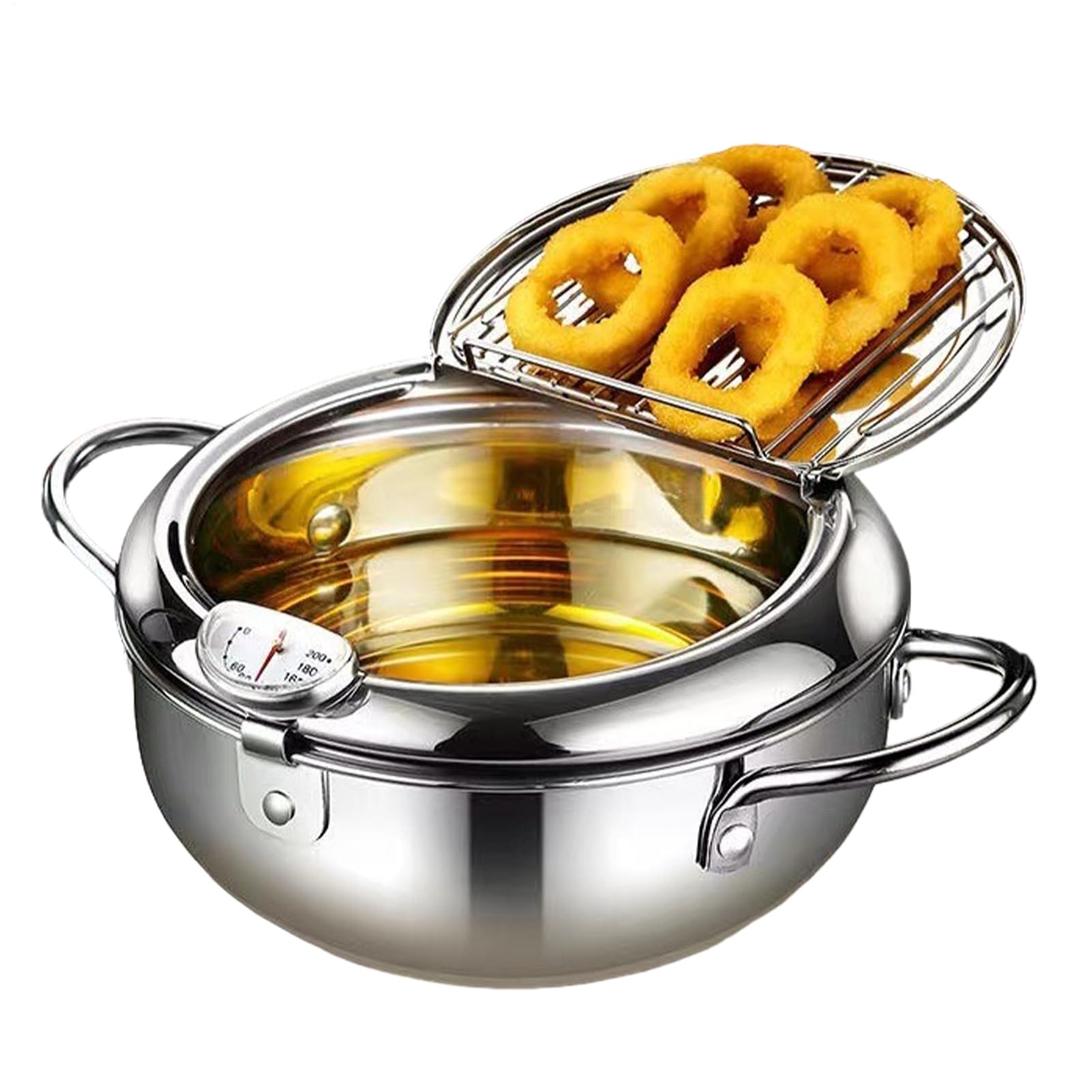 Friggitrice in acciaio | Con termometri Cucina a induzione domestica – | Pentola in acciaio grande friggitrice per cucinare patatine fritte croccanti e deliziose