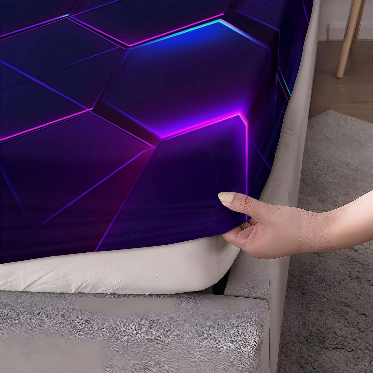 Biancheria da letto comfort, sfondo esagonale scuro, lenzuolo doppio stampato in 3 pezzi con 2 federe, lenzuola in tessuto viola extra morbido in microfibra spazzolata 160 x 200 + 30 cm