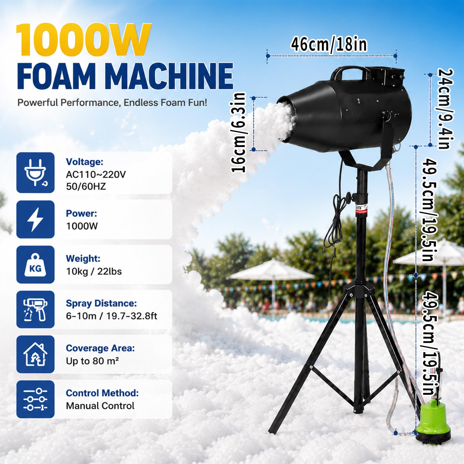Cannone Sparaschiuma per Feste 1000W, Macchina della Schiuma con Supporto Treppiede e Pompa, Grande Volume di Schiuma 20m³/Min, per Eventi Estivi, Festa in Piscina e Compleanni Privati