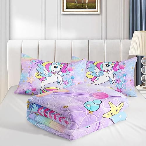 Miniatura 5 de Edredón de unicornio de sirena, tamaño individual, juego de edredón de unicornio para niños, juego de ropa de cama de 3 piezas, edredón impreso con