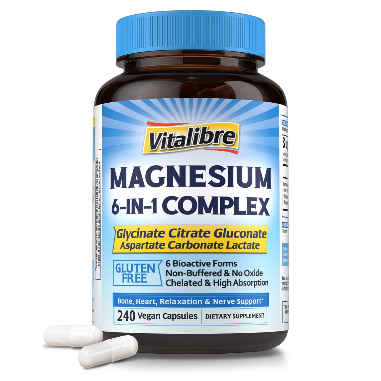 Vitalibre 6 in 1 Magnesium Complex for Women Men, 260mg Elemental Magnesium 240 Count (Pack of 1)