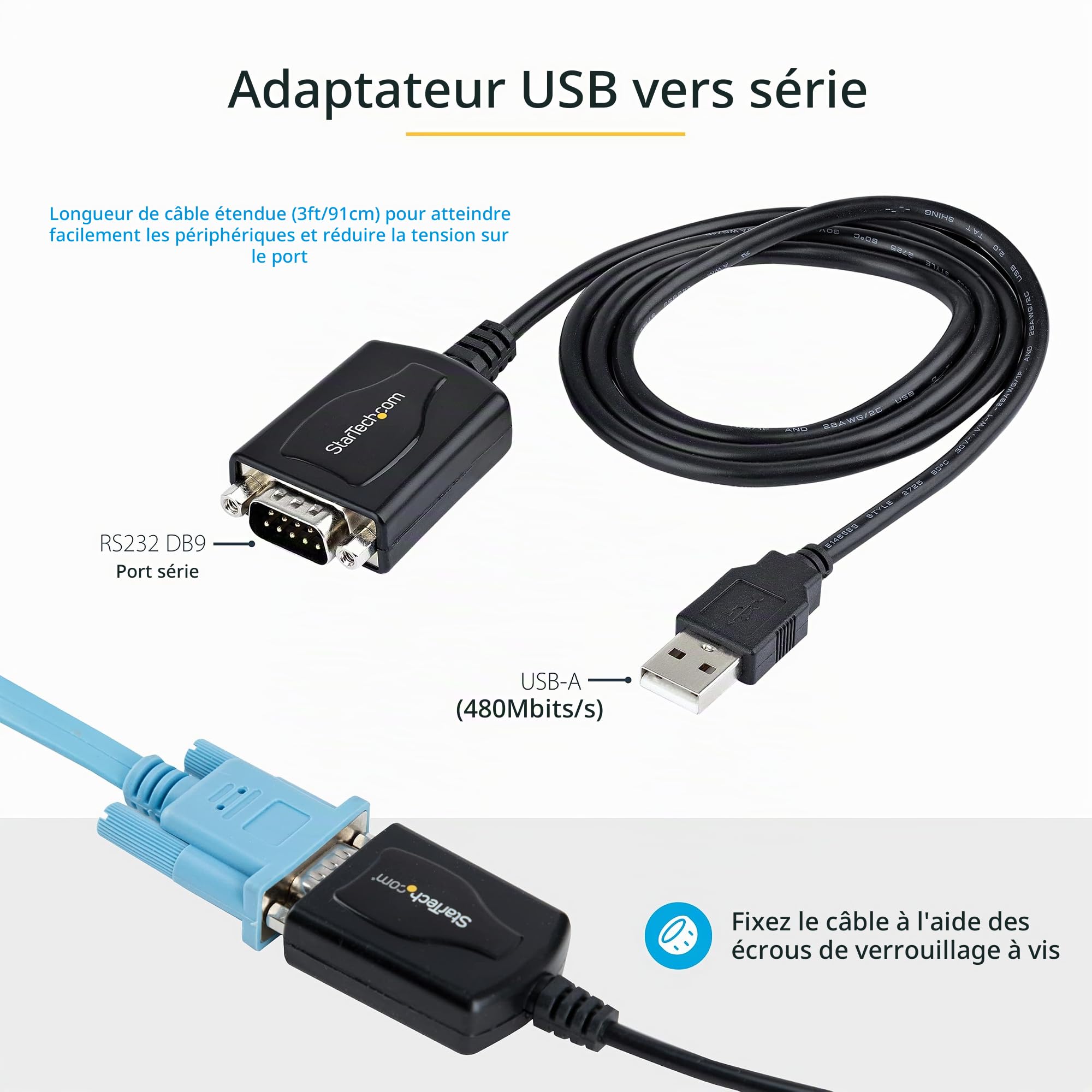 StarTech Câble USB vers RS232 1m, DB9 Mâle, Prolific (1P3FPC-USB-SERIAL) | Retention COM, Convertisseur, Windows/Mac, Pour PLC/Imprimante/Scanner