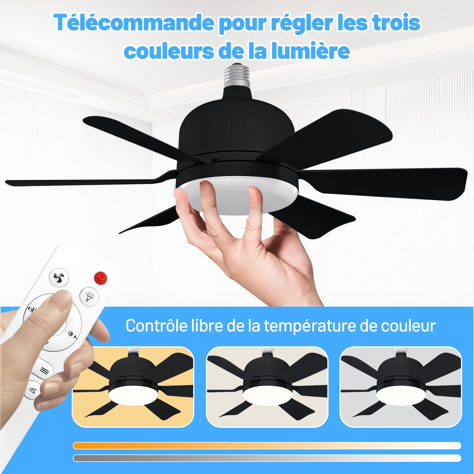 MagiDeal Ventilateur Plafond avec Lumières, 40W Lampe Plafonnier Ventilateur avec E27 Ventilateur à Douille avec Ventilateur de Plafond à Distance 3 Couleurs Dimmable, 3 Vitesses pour Chambre, Noir