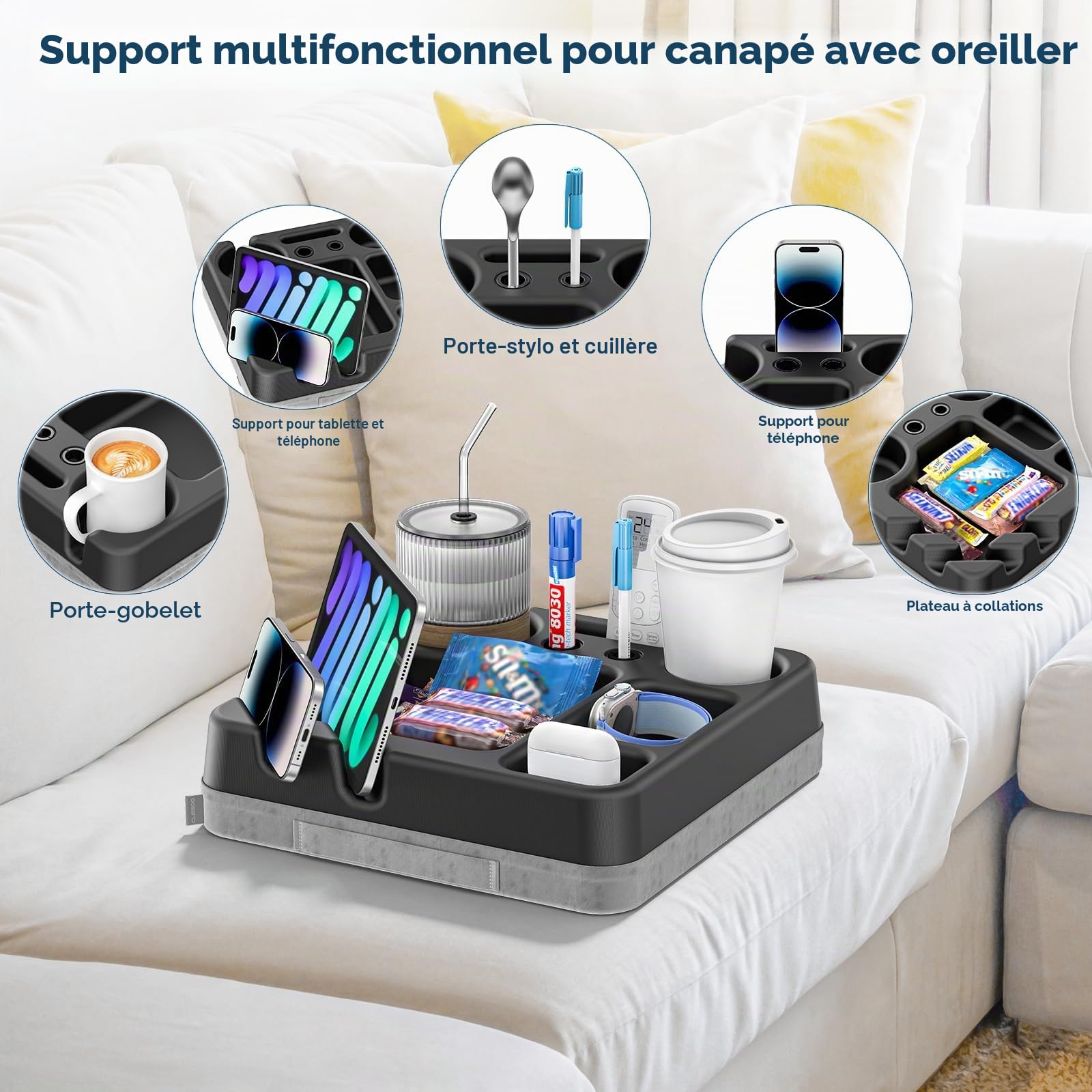 CLESOO Porte-gobelets pour Canapé - Coussin Plateau Canape avec Plateau à Collation, Support Télécommande, Porte-stylo, Support Téléphone & Tablette - Organisateur de Canapé pour Lit, Loisirs, Voiture