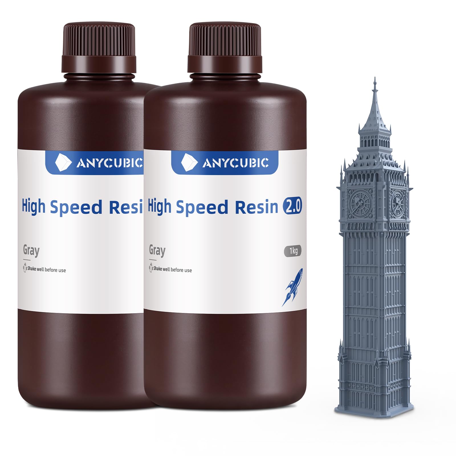 ANYCUBIC Résine Haute Vitesse 2.0 pour Imprimante 3D, Résine 3D Haute Activité, Faible Viscosité, Impression Ultra-Rapide avec l'imprimante 3D Anycubic Photon Mono M7 Pro(170 mm/h), Gris 2KG