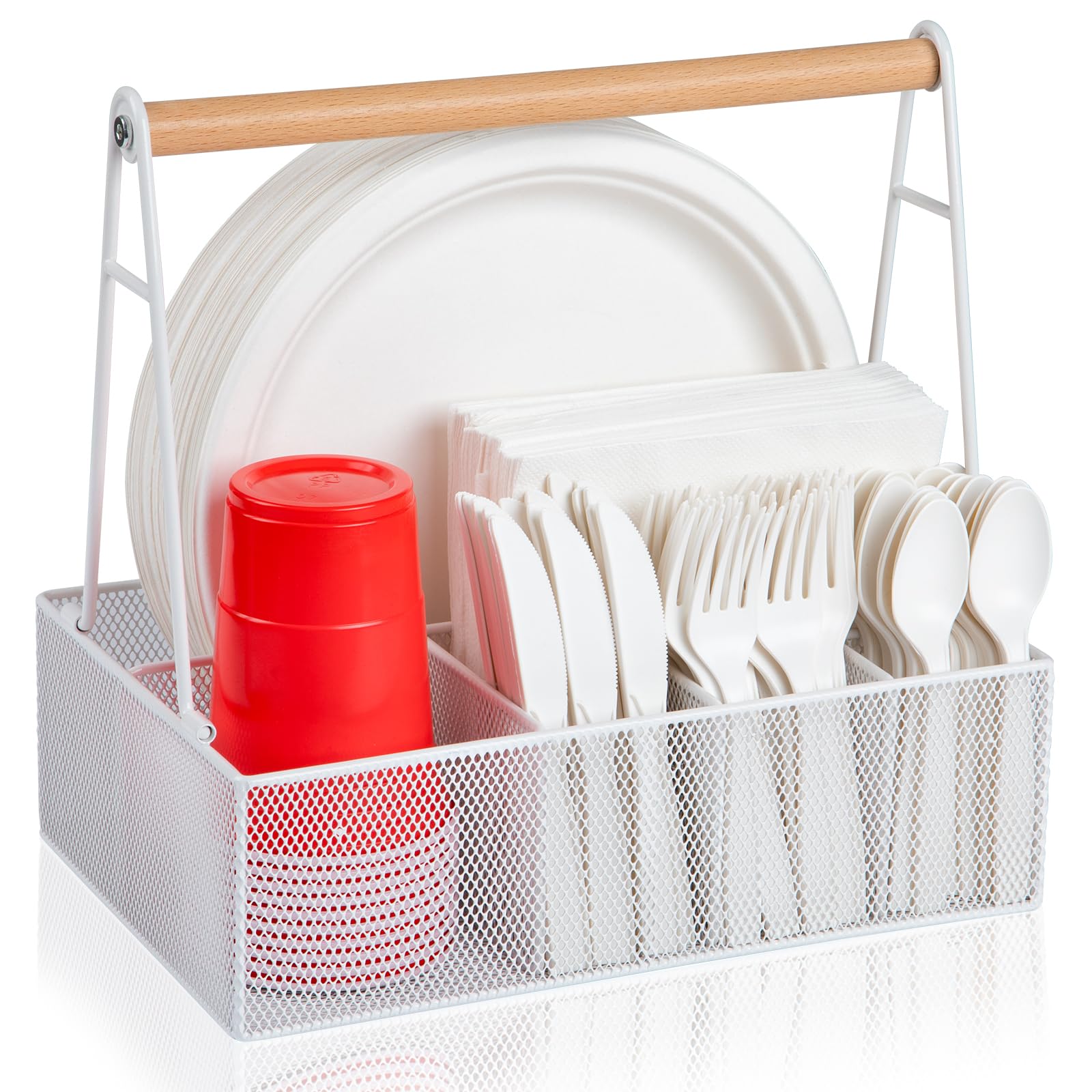 Paper Plate Organizer with Handle for Countertop, Metal Silverware Caddy for Cup, Napkin, Fork and Spoon, Paper Plate and Utensil Holder, Cutlery