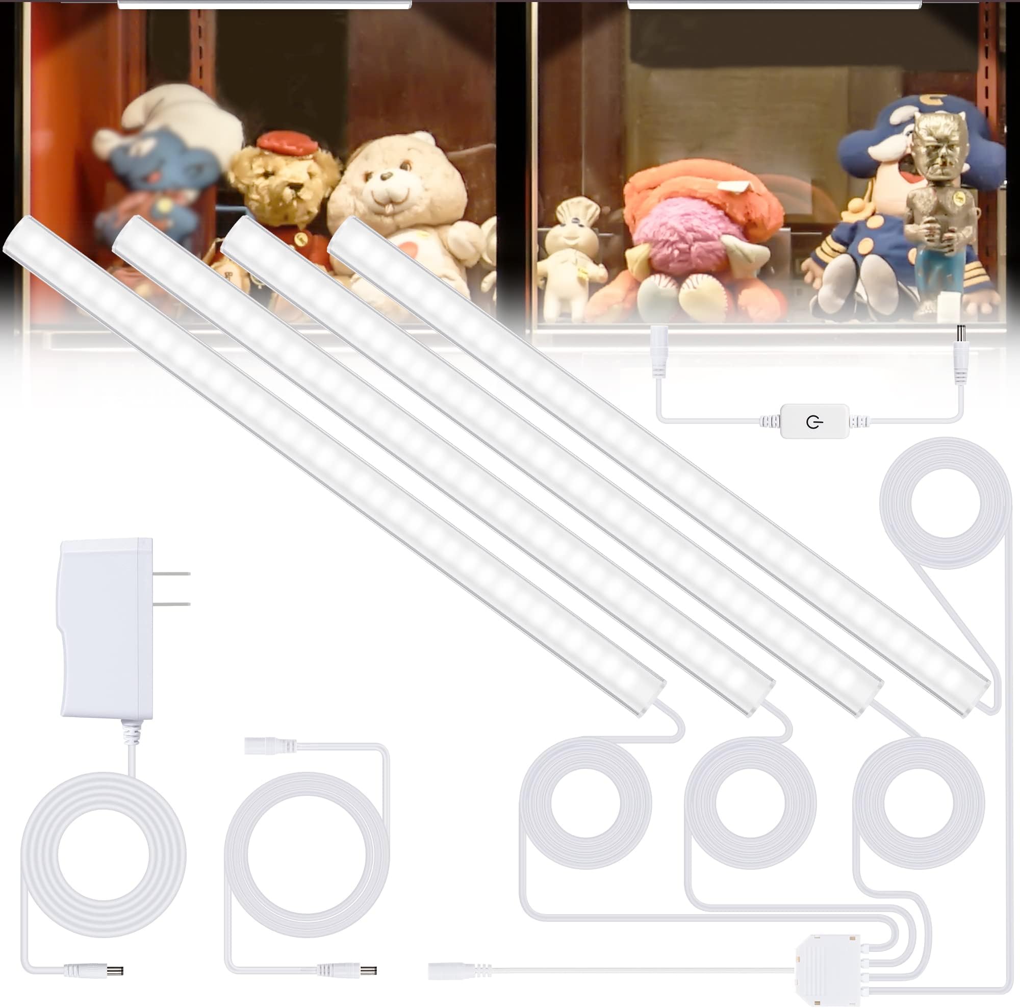 JUSJUBR4-Pack Cold White Display Shelf Lights, Under Shelf Lighting with Memory Function, 12 Inch 6000K Plug-in Bookshelf Lighting, LED Cabinet Lights for Display Case/Pantry/Closet/Safe