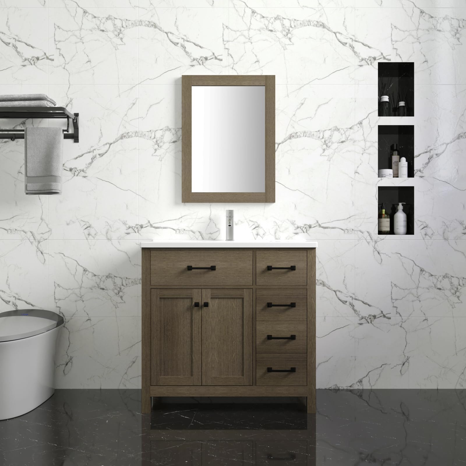 wonline 36" Bathroom Vanity with Ceramic Basin, Modern Brown Storage Cabinet with Soft Closing Drawers, Chrome Solid Faucet Sink Combo