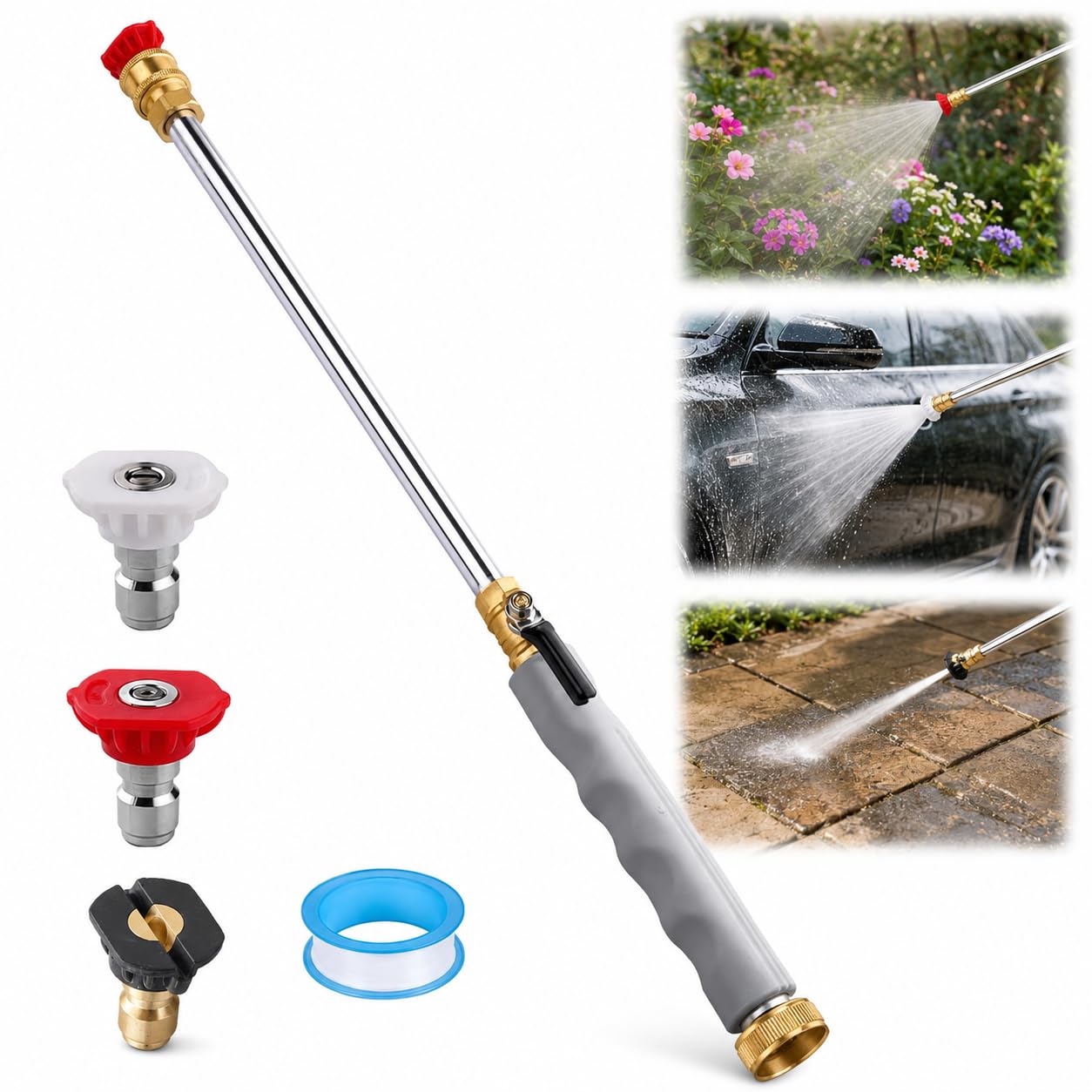 DVDVBOOM Garden Hose Pipe Spray Gun with 3 Nozzles, Adjustable High Pressure Washer Guns, Heavy Duty Metal & Non-slip Rubber Grip for Floor, Car and Pet Washing