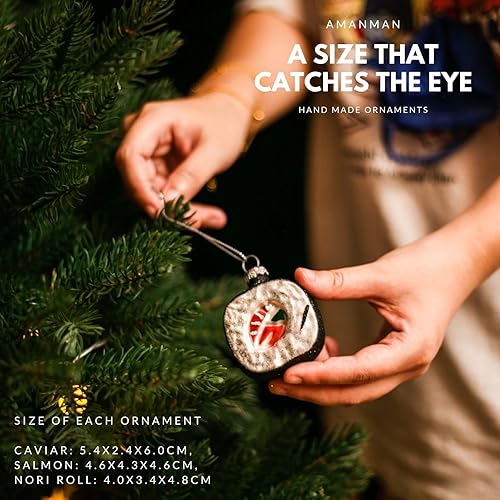 Miniatura 3 de Juego de 3 adornos de sushi de vidrio soplado a mano, salmón, caviar y rollo de nori, bonitos adornos de comida para árbol de Navidad, adornos de
