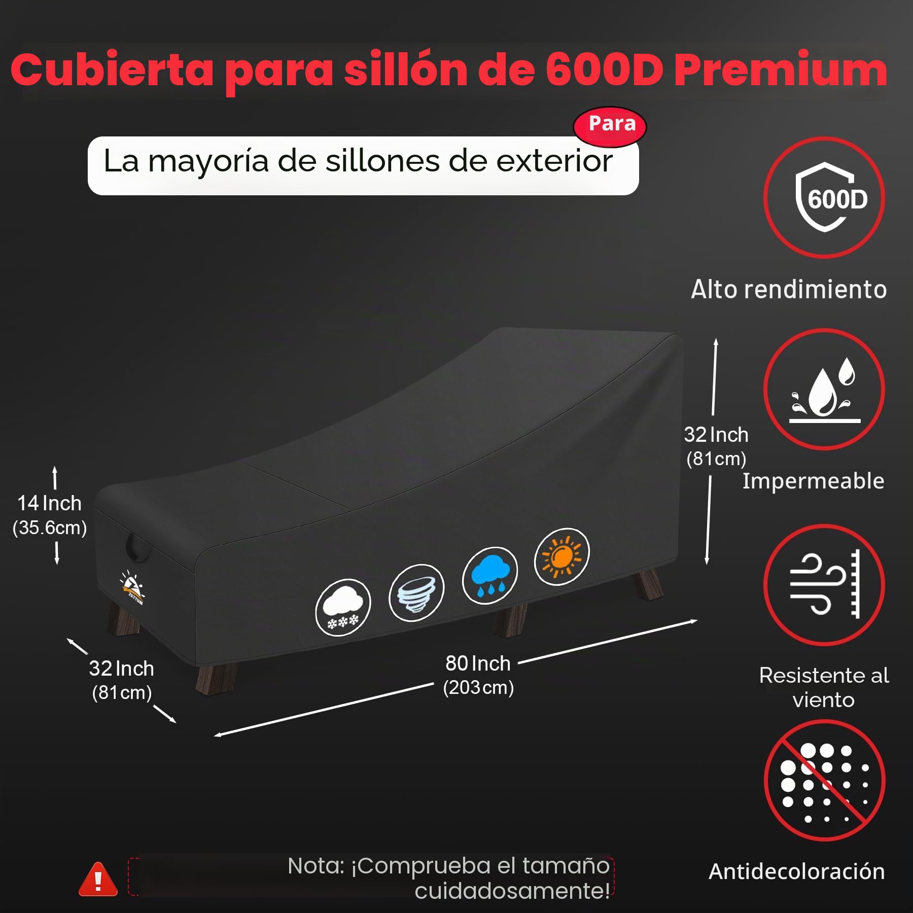 Zettum Cubierta para tumbona de jardín 200 cm, Funda para chaise longue de Patio 600D Oxford in PU, Cubierta Muebles Jardín impermeable y resistente a los rayos UV (203 X 81 X 81 CM)