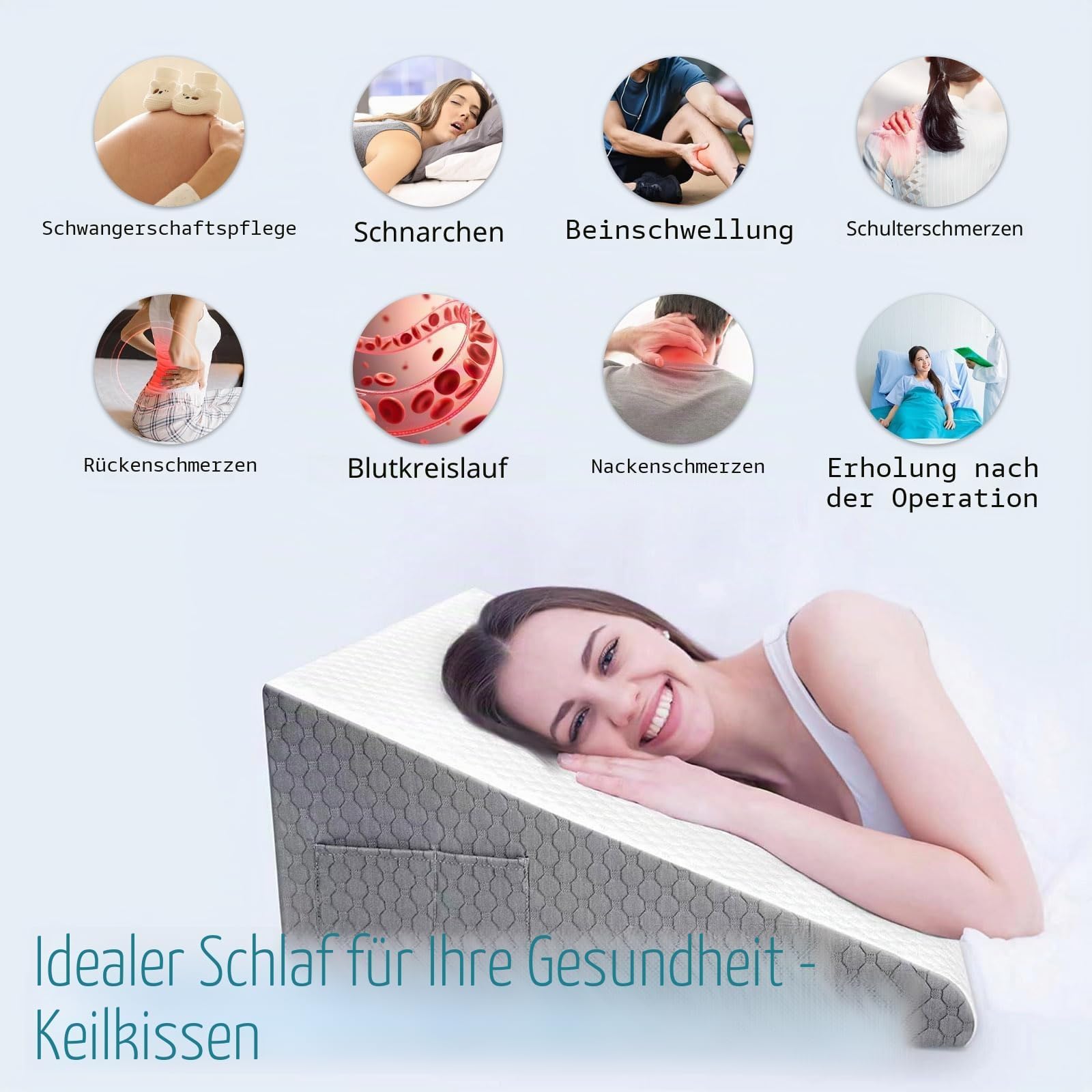 Cojín ortopédico (50 × 50 × 26 cm, Memory Foam Anti-Reflux, Alivia el Reflujo Gástrico, Lectura y Recuperación Post-Operatoria, con máscara de sueño 3D