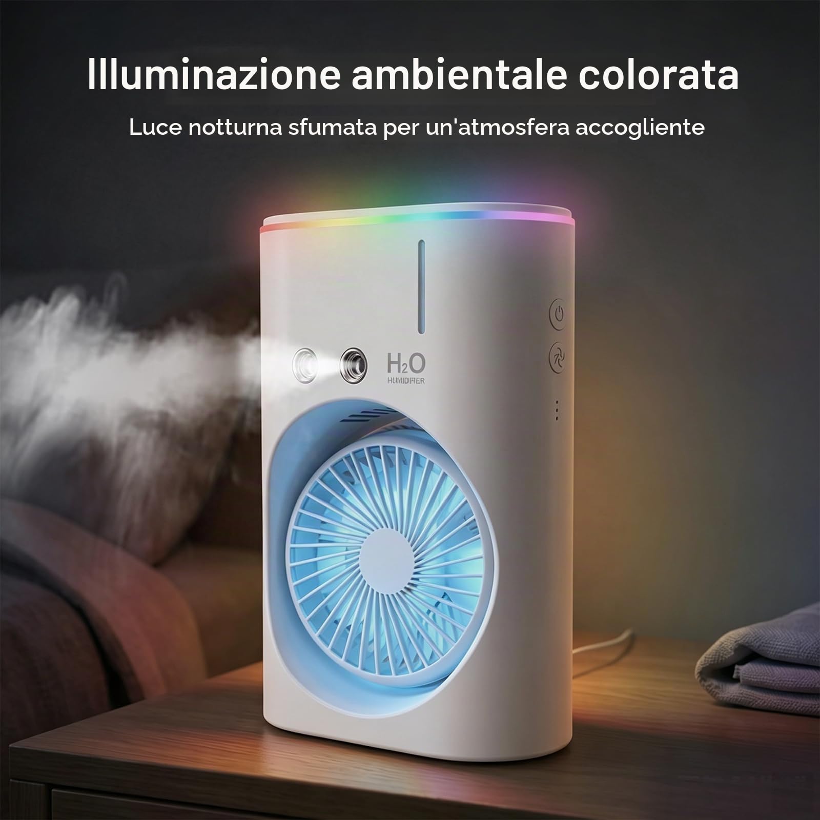 EXTRASTAR Ventilatore nebulosa di spruzzo, batteria USB, 3 velocità e 2 livelli di spruzzo, ventilatore da tavolo con luce RGB e serbatoio d'acqua da 280ml per l'estate, il campeggio e l'ufficio