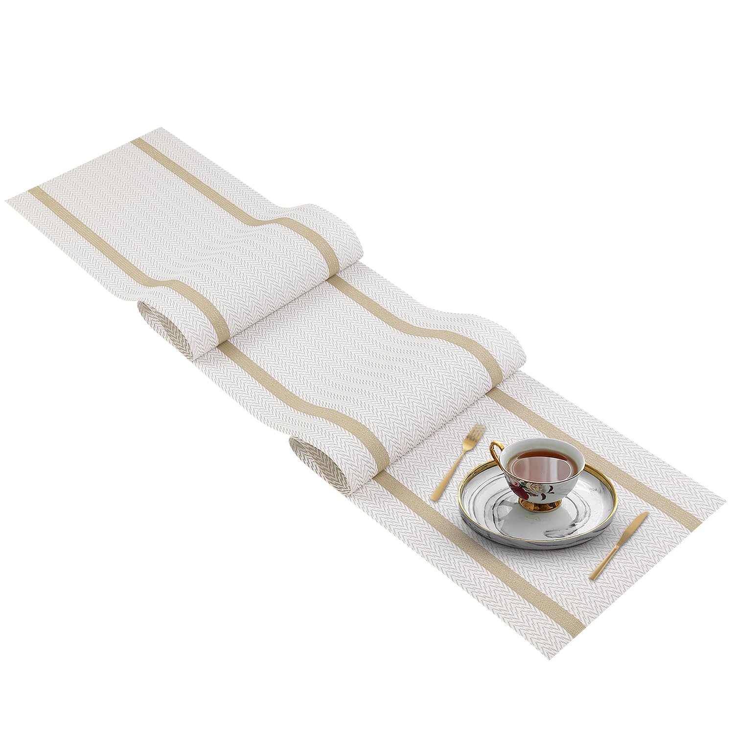 FAVE Woven Vinyl Table Runner White Table Runner Woven with Golden Threads 72x12 in Heat Resistant Table Runner Wipeable Waterproof Dining Table Runner(Table Runner-White)