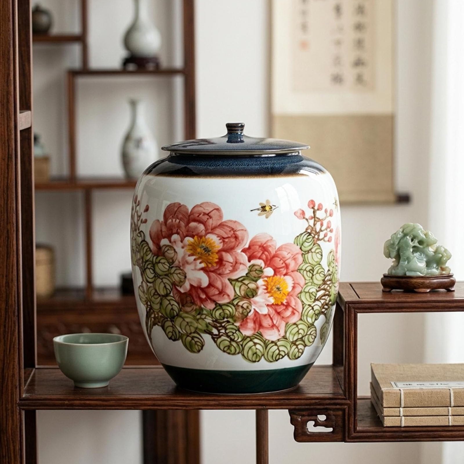 Barattolo per Riso in Ceramica con Coperchio, Grande Contenitore | Porcellana per Grano e Farina, Barattolo da Cucina per Piano di Lavoro, Decorazione Floreale Stile Asiatico