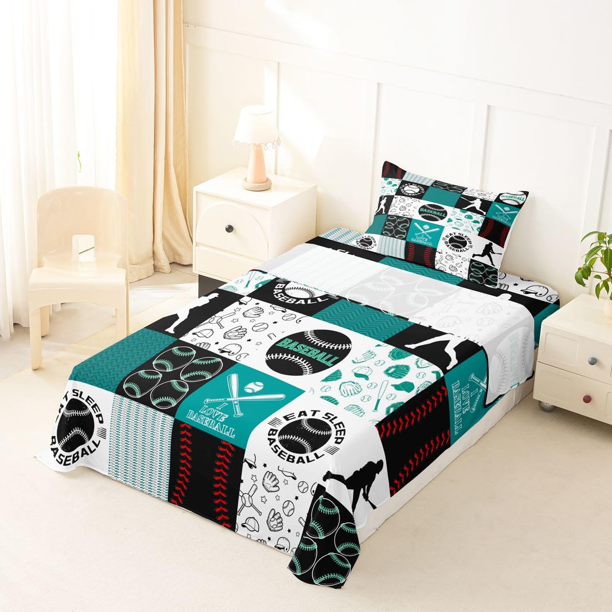 Castle Fairy Baseball Bed Sheet Set for Kids,Sports Geometric Grid Green Sheets Set,Patchwork Baseball Home Decor Sheet Sets with Deep Pocket,Top Flat Sheet,Twin Size