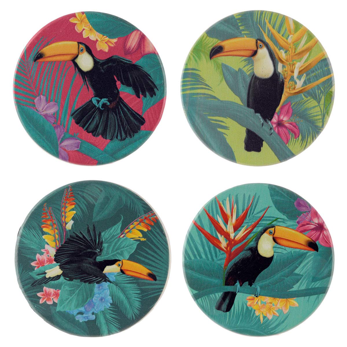 Puckator Multicolor Toucan Party Set Of 4 Coasters - Wood Table Pub Drink Coasters Tiles Placemats - Bar Accessories For Home - Desk Coaster Tile Slate - Dining Table Decor Drinks Mats - Man Cave Accessories