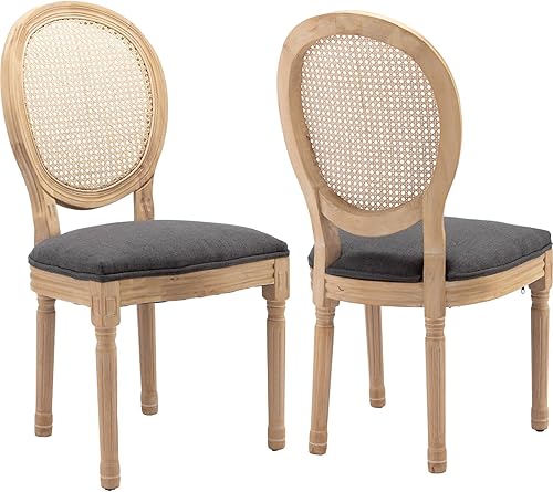 Juego de 2 sillas de comedor de campo francés, sillas de comedor de ratán con respaldo de caña gris con asiento tapizado de lino, patas de madera