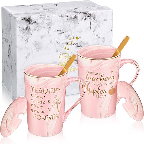 Geiserailie 2 piezas de regalos de agradecimiento para profesores para mujeres, tazas de café de cerámica de mármol de 14 onzas con tapa, caja de