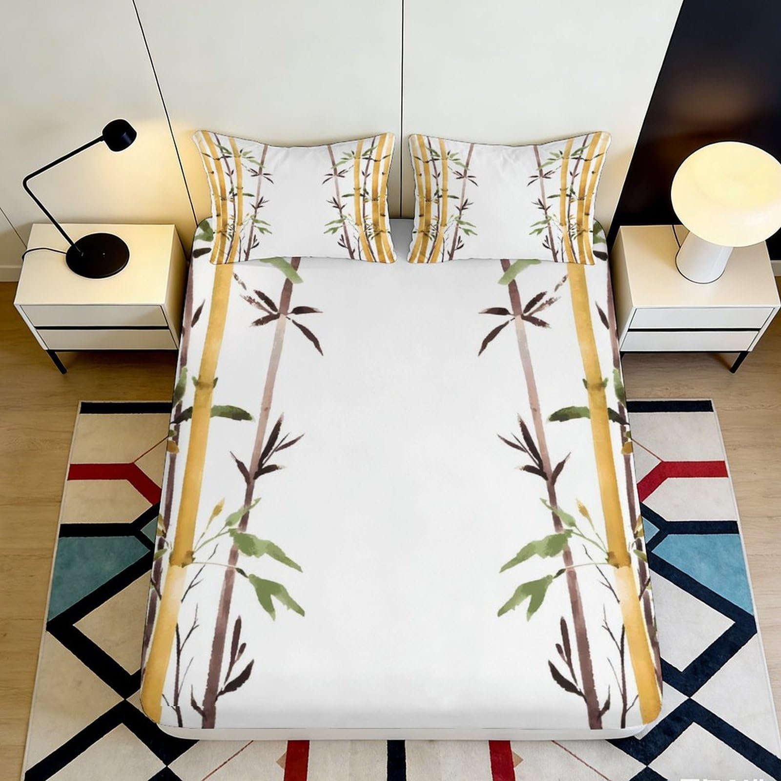 3D Printed Bamboo Pattern Fitted Sheet Microfiber Soft Breathable Tropical Palm Mattress Cover for Bedroom Dormitory Guest Room Mattress Protection 180x200x25cm