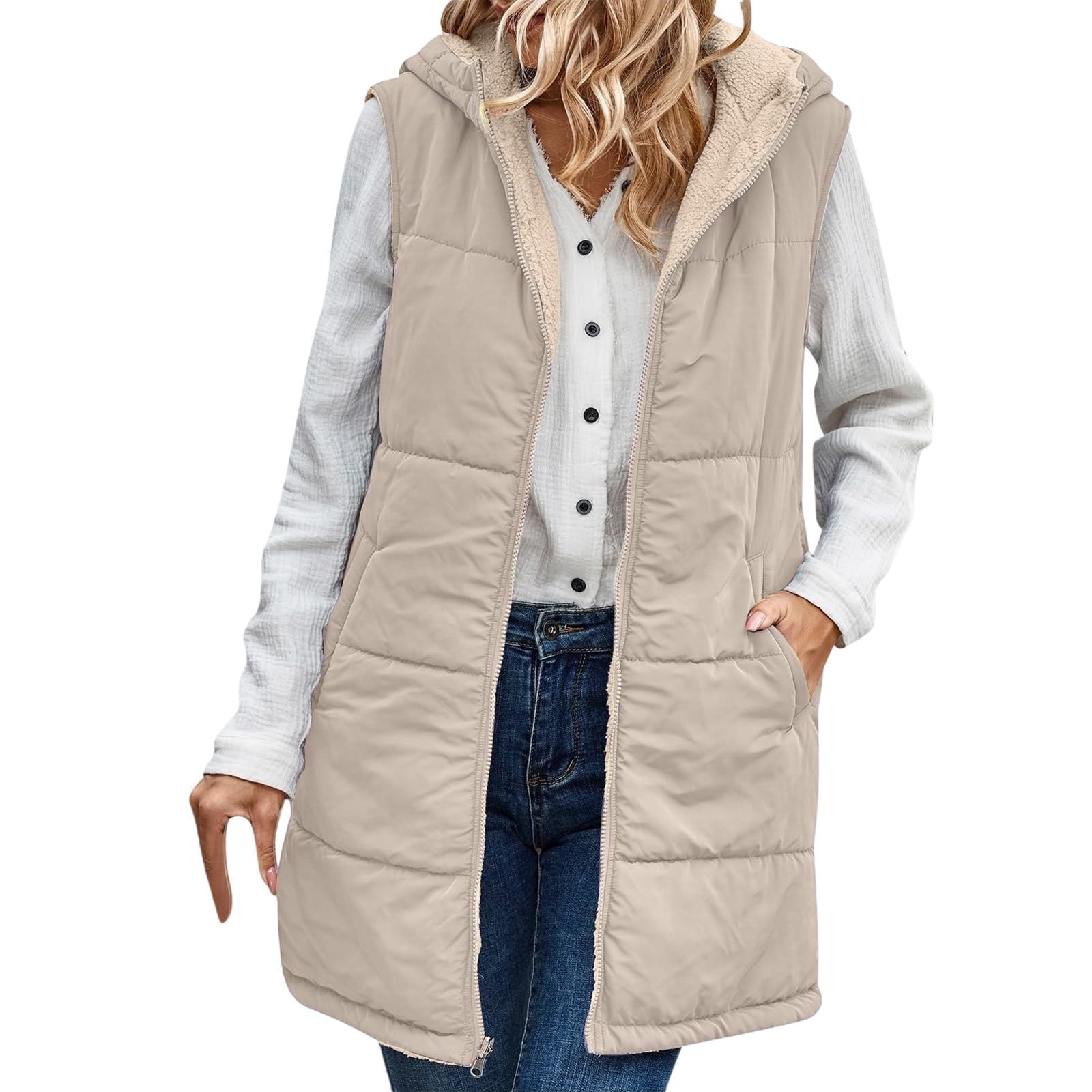 Gilet Réversible À Capuche Sans Manches Pour Veste Doublée En Polaire Avec Poches Fermeture Éclair Complète Vêtements D'extérieur Mode D'hiver Veste Réversible Sans Manches