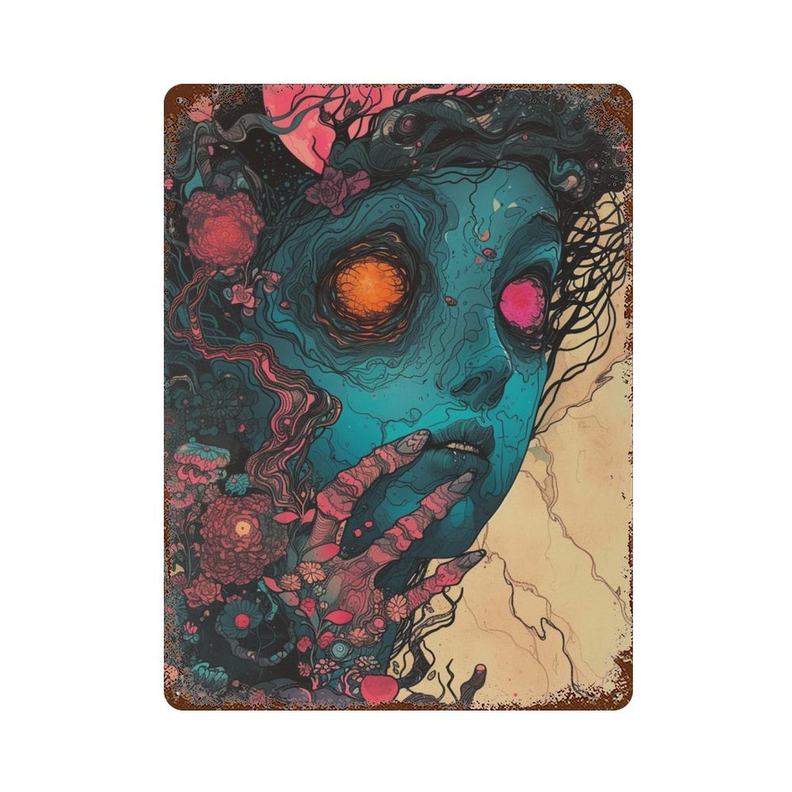 Fantasy Artwork with Surreal Face Design Retro Metal Sign 15.7"x11.8", for Bistro, Counter And Cafe Decor, Rustic Home Decor