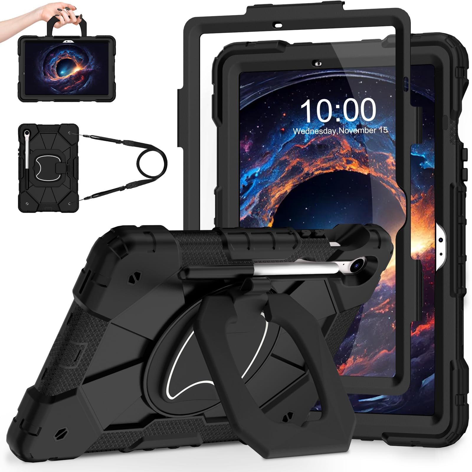WESOROL Case for Samsung Galaxy Tab S10 Lite/S10 FE/S9 FE/S9 10.9/11 Inch (2025/2023), Shockproof Galaxy Tab S9 Tablet Case with Rotating Stand Screen Protector Pencil Holder Shoulder Strap,Black